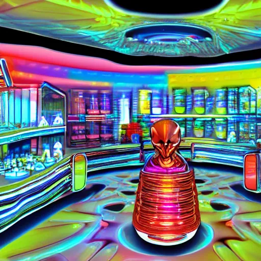Prompt: alien shop, futuristic, holographic