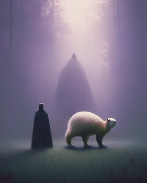 Image similar to white capybara petted by dark vader, surreal photography, volumetric light, impressionist painting, digital painting, artstation, kilian eng, john harris, bastien lecouffe - deharme, simon stalenhag