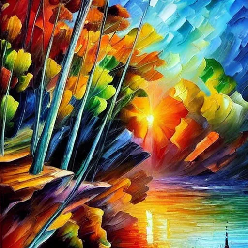 Image similar to painting of a lush natural scene on an alien planet by leonid afremov. beautiful landscape. weird vegetation. cliffs and water.