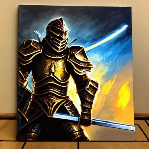 Image similar to A highly detailed matte acrylic painting of a heavily armored paladin wielding a very bright glowing gold sword, fighting in a huge battle at dusk.