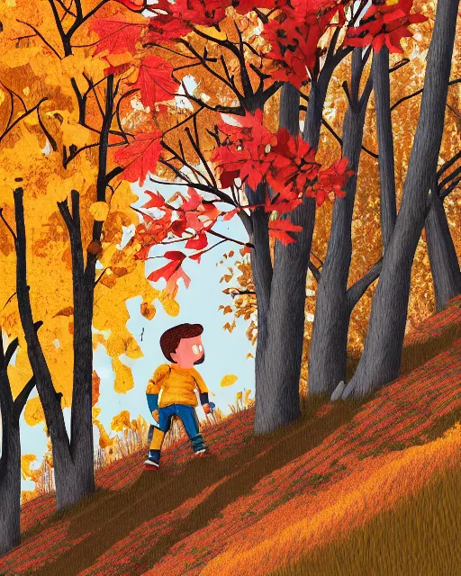 Image similar to autumn hillside boy hiking illustration detailed, by alba ballesta gonzalez