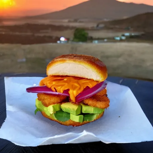 Prompt: one sandwich with fried tofu, one red tomato slice, mayonnaise, one onion ring, avocado, melted cheddar, over a red dish that is on a table, with a sunset and rainbow in the background with saturn and stars in the sky