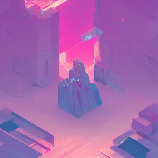 Prompt: beautiful digital rose in stunning pink sea, VERY LIGHT purple and blue scheme, isometric, by Anton Fadeev and Simon Stalenhag, trending on artstation, low contrast