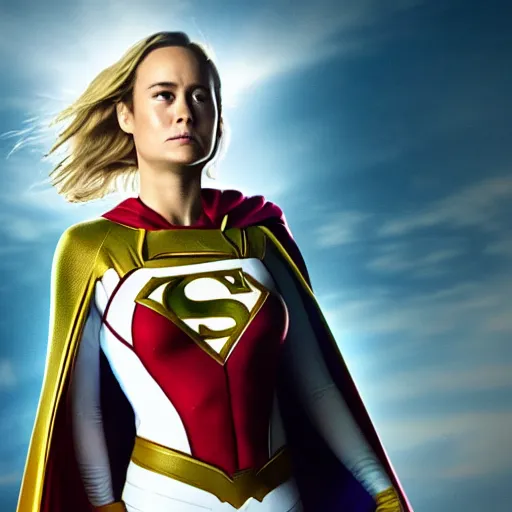 Image similar to Brie Larson as DC Comics' Power Girl, full body with white costume and cape and chest, photo, 4k