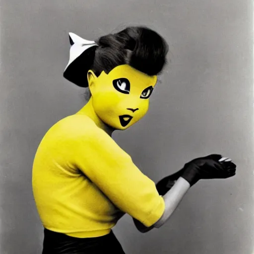 Image similar to elegant woman dressed up as pikachu, art photo by Annie Liebovitz and Frantisek Drtikol