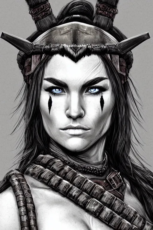 Prompt: head and shoulders portrait of a barbarian, female, high fantasy, d & d, extremely detailed