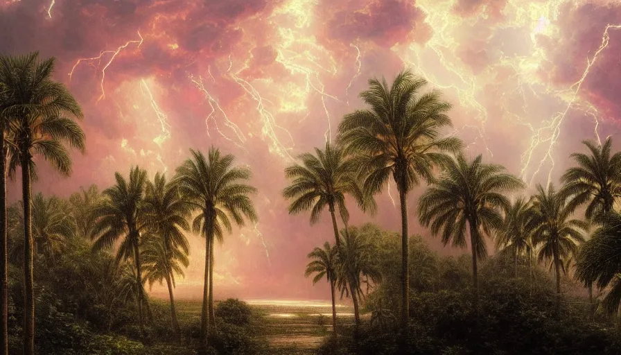 Image similar to a ultradetailed beautiful painting of the thunderstorm sky of the amazonas palace balustrade designed by gustave dore, derek zabrocki, greg rutkowski, belsinski, beach, trending on artstation, mediterranean, palm trees, sharp focus, colorful refracted sparkles and lines, soft light, 8 k 4 k