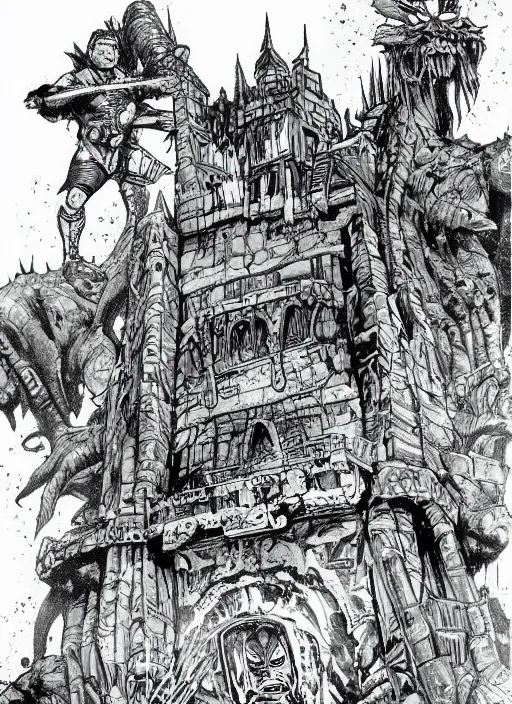 Image similar to detailed comic book drawing of a fantasy castle in the jungle by randy vargas and simon bisley and jack kirby