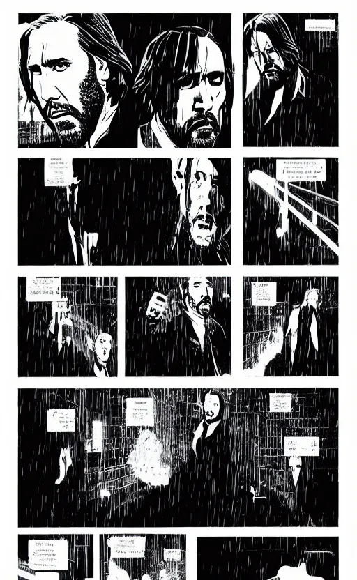 Prompt: nicolas cage as john wick in the rain, dramatic lighting, style of mcbess + Laurie Greasley + Satoshi Kon, symmetric lights and smoke, psychedelic effects, glowing particles, neon rain, comic-n 4