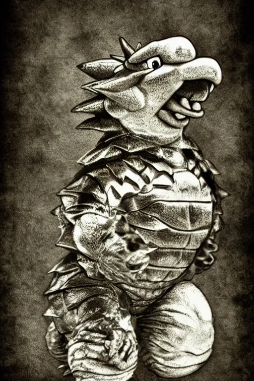 Image similar to bowser king koopa, portrait, full body, symmetrical features, silver iodide, 1 8 8 0 photograph, sepia tone, aged paper, master prime lenses, cinematic