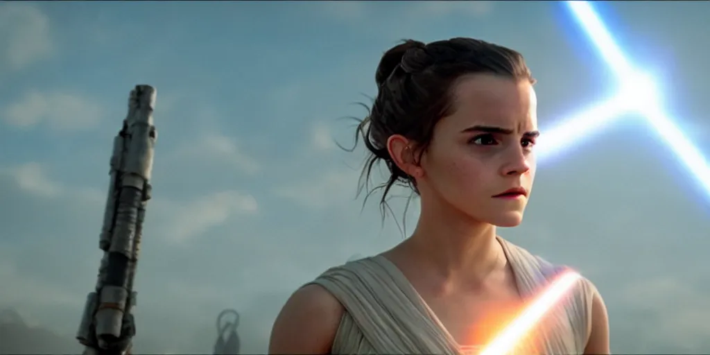 Image similar to emma watson as rey in the new star wars movie, cinematic, detailed, lens flare