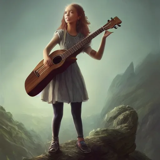 Prompt: 1 2 year old girl playing the ukulele, winds of winter, hyper detailed, digital art, trending in artstation, cinematic lighting, studio quality, smooth render, octane rendered, concept art, sharp focus, illustration, art by artgerm and greg rutkowski and wlop
