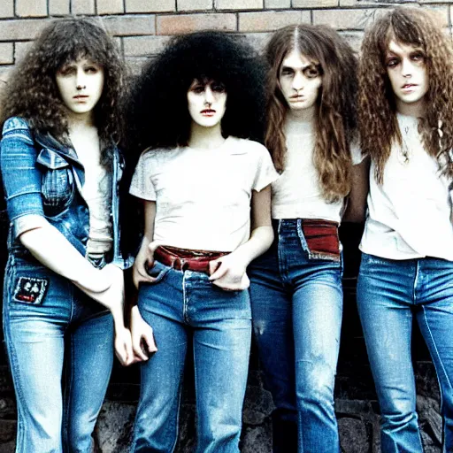 Image similar to group of 1 9 - year - old girls with shaggy wavy hair, wearing double denim, proto - metal band promo, heavy rock band promo photo, 1 9 7 5 photo