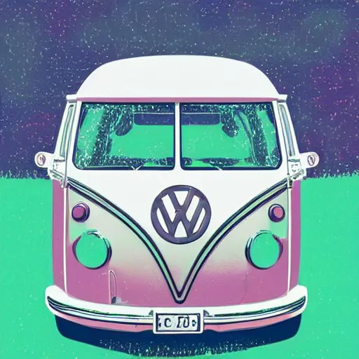 Image similar to illustration of an old van volkswagen, may 6 8, pastel colors, cool, hippie by victo ngai