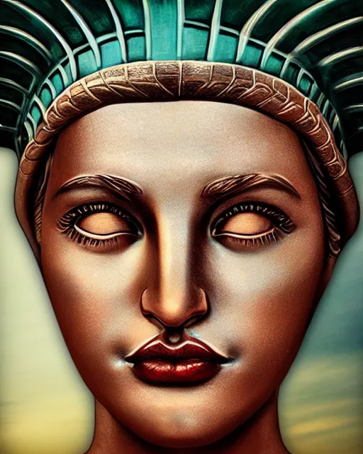 Image similar to photo portrait beautiful real woman as the statue of liberty hyper realistic face, beautiful eyes, hyper detailed, smooth