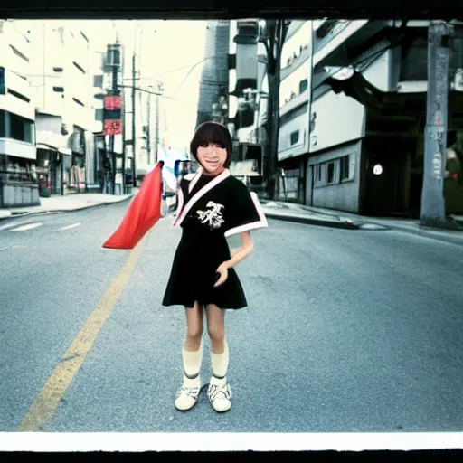 Image similar to 80's Japanese photo, medium shot, a preteen girl smile for cam, stand on the street, Professional Photography