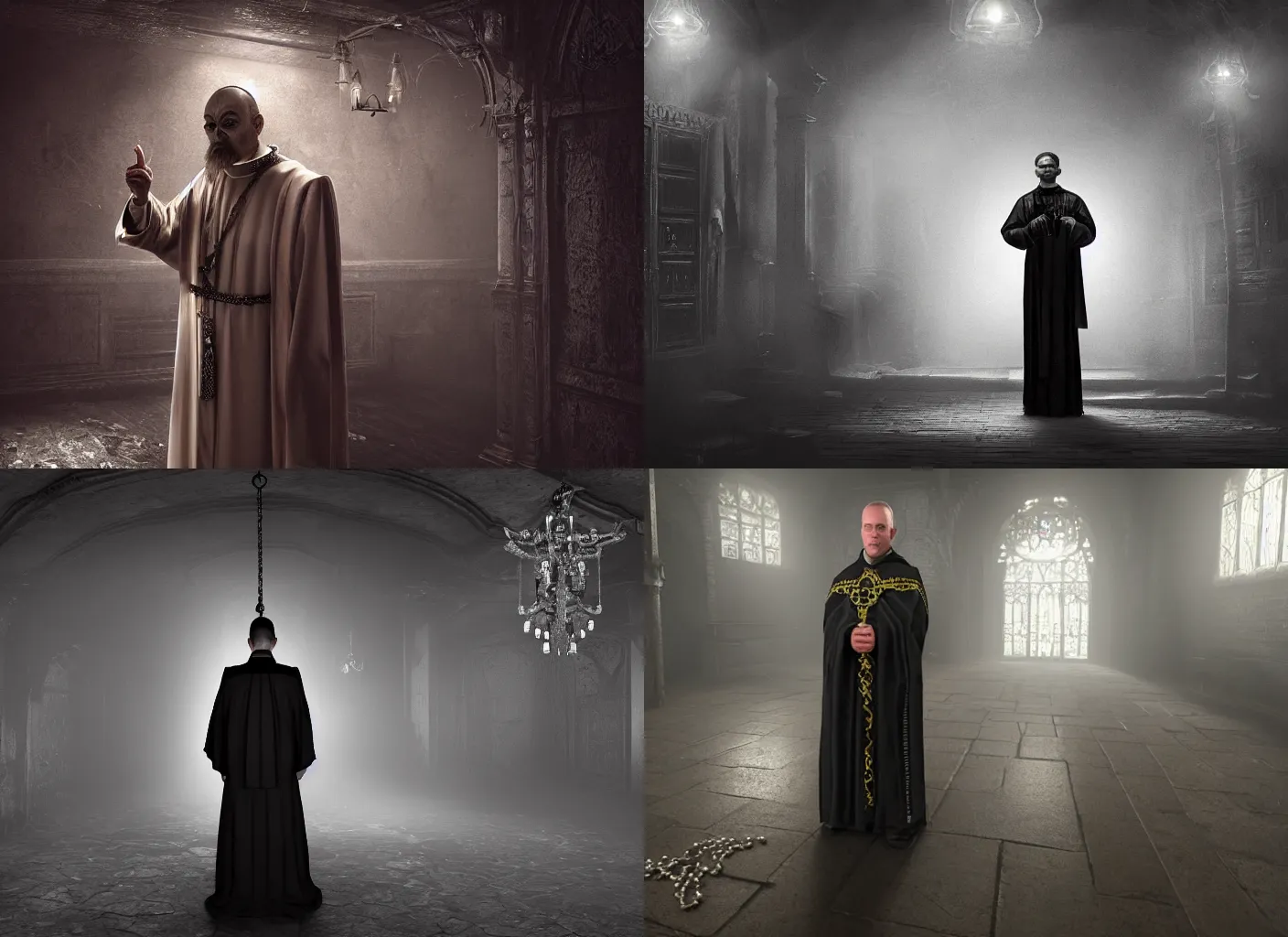 Image similar to a highly realistic and detailed full Priest standing in a dark dirty basement holding a rosary, wide angle 70mm lens, volumetric haze, front facing camera, symmetrical, photorealistic, insanely detailed and intricate, epic, hyper realistic, elegant, ornate, elite, horror, creepy, ominous, haunting, cinematic lighting, unreal engine, cinematic centered camera, high detail, no blur, unreal engine 8k