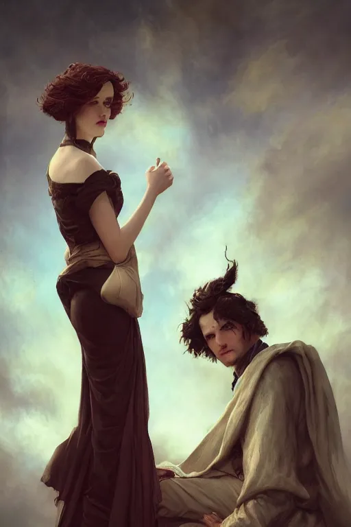 Image similar to a portrait of handsome young evil male Satan and his elegant beautiful wife, bored, illustration, dramatic lighting, soft details, painting oil on canvas, art nouveau, octane render, HDR, 4k, 8k, HD, by Edmund Blair Leighton, Brom, Charlie Bowater, trending on artstation, faces by Tom Bagshaw, Sargent