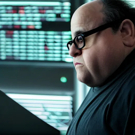 Image similar to obese danny devito as a hacker in the matrix, modelsociety, radiant skin, huge anime eyes, rtx on, perfect face, directed gaze, intricate, sony a 7 r iv, symmetric balance, polarizing filter, photolab, lightroom, 4 k, dolby vision, photography award