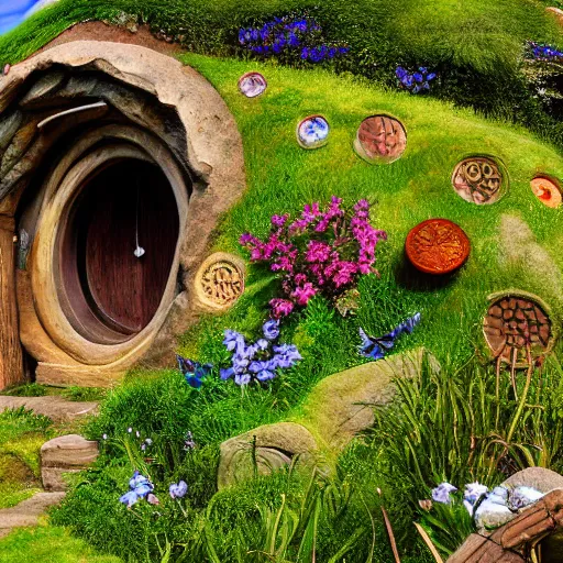 Prompt: hobbiton landscape with huge jewels all around, fantasy, rock, high detail
