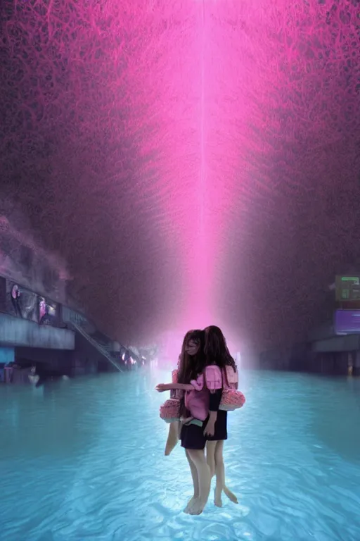 Image similar to 3d realistic dramatic infrared photo of two schoolgirls sisters with a realistic face and curly hair standing and hugging in a dark subway station under water in Japan. Close-up portrait. There are pink palm trees and translucent glow jellyfish flying around. Volumetric composition. Pastel colors in the style of Hiro Kiyohara, redshift, octane, trend artstation, cinematic, hyper realism, high detail, 8k