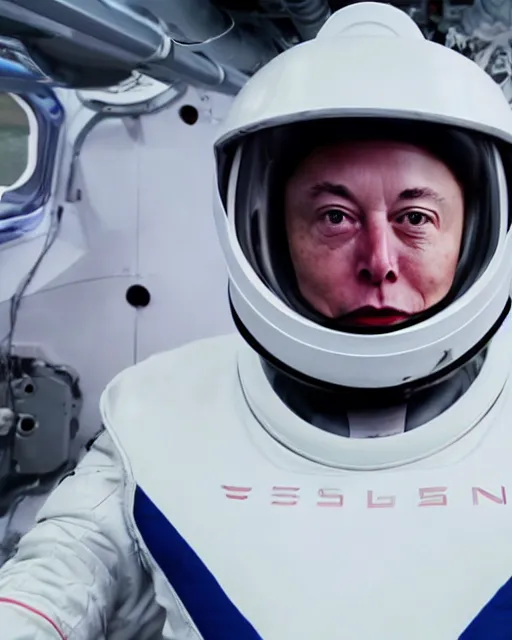 Prompt: elon musk, wearing a space suit and helmet, drives his tesla roadster in outer space, hyperreal, nasa photography, imax, 8 k