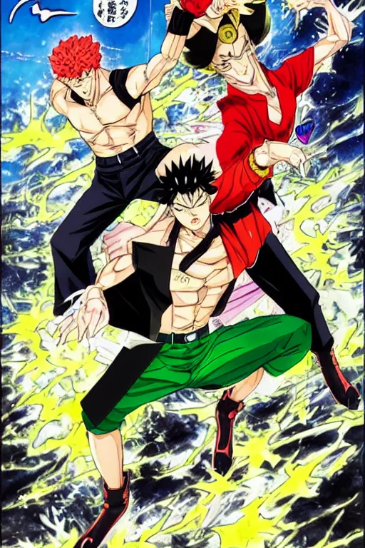 Prompt: manga cover of jotaro kujo fighting dio, shounen jump, art by hirohiko araki, japanese comic book, art by keisuke itagaki, modern fashion outfit, dynamic poses, action poses, muscular characters