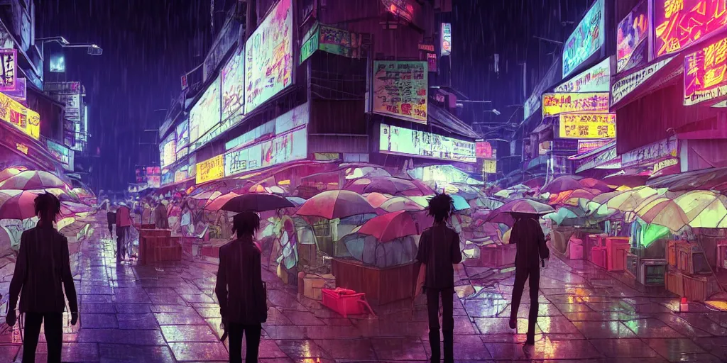 Prompt: twilight lighting, moody, atmospheric, solarpunk, cyberpunk, a render of davao city's roxas night market, rainy, in the art style of neon genesis : evangelion, 8 0 s anime style, by ghibli studio and victor ngai, ghost in the shell art style, akira artstyle, pixar highly detailed, 8 k h 5 7 6