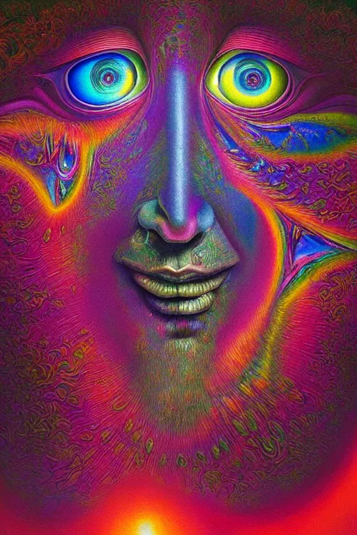 Image similar to hyperrealistic abstract close-up Renaissance psychedelic!! celestial happy! pure creature!! peaceful! kind spirit of nature! beautiful fractal!! eyes! highly detailed concept art eric zener elson peter cinematic hard rainbow lighting high angle hd 8k sharp shallow depth of field endless, inspired by Zdzisław Beksiński Salvador Dali