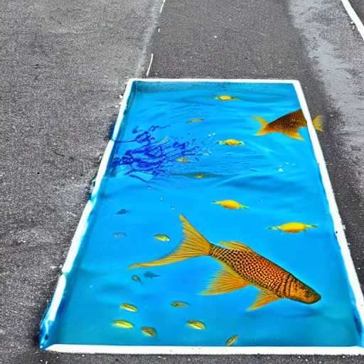 Image similar to a liquid sidewalk with a group of fish swimming inside it