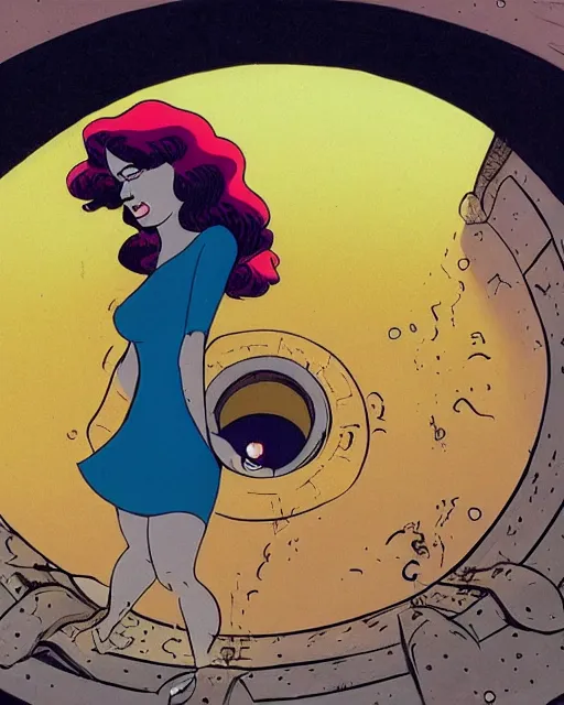 Image similar to attractive young woman peering into manhole cover open swirling into another dimension, surreal, ralph bakshi