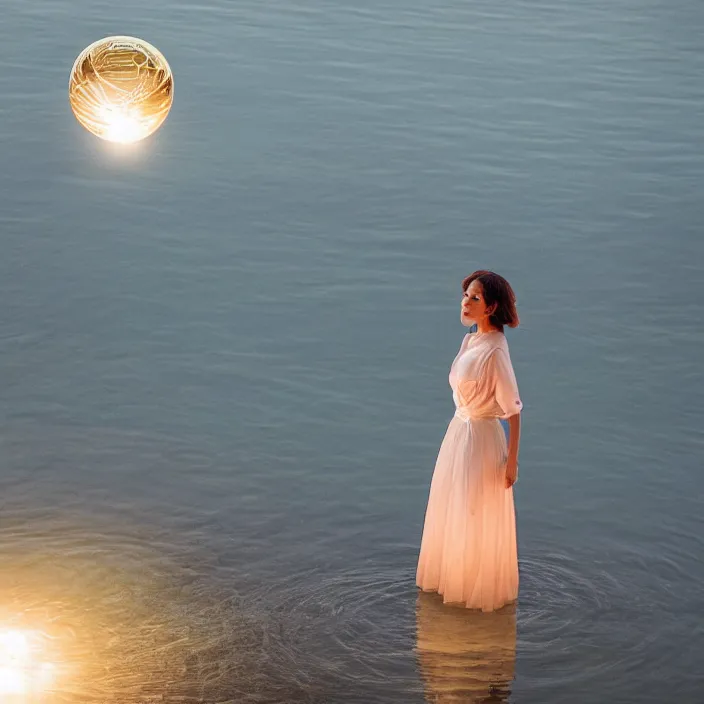 Prompt: a closeup portrait of a woman wrapped in plastic, standing next to a levitating gold luminescent orb, in a lake, color photograph, by vincent desiderio, canon eos c 3 0 0, ƒ 1. 8, 3 5 mm, 8 k, medium - format print