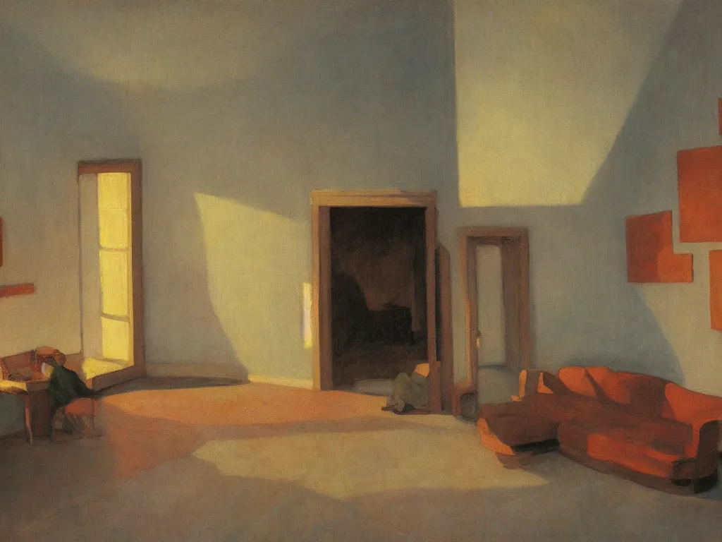 Prompt: the collector of corals in an interior. autumn sunset. painting by hopper