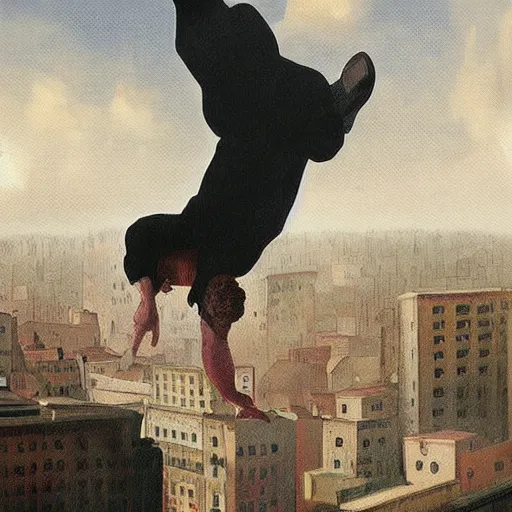 Prompt: falling from a building. guy. artwork. romanticism era.