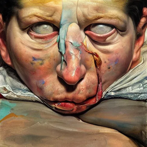 Image similar to high quality high detail painting by lucian freud and jenny saville, hd, mutation, turquoise
