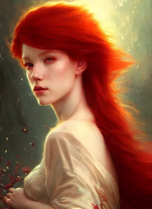 Image similar to portrait of a red haired princess, digital art by artgerm and greg rutkowski, gaston bussiere, sakimi chan and android jones and karol bak, cinematic lighting, trending on artstation, volumetric dust, intricate, elegant