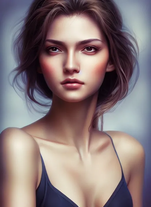 Image similar to photo of a gorgeous young woman in the style of stefan kostic, realistic, half body shot, sharp focus, 8 k high definition, insanely detailed, intricate, elegant, art by stanley lau and artgerm