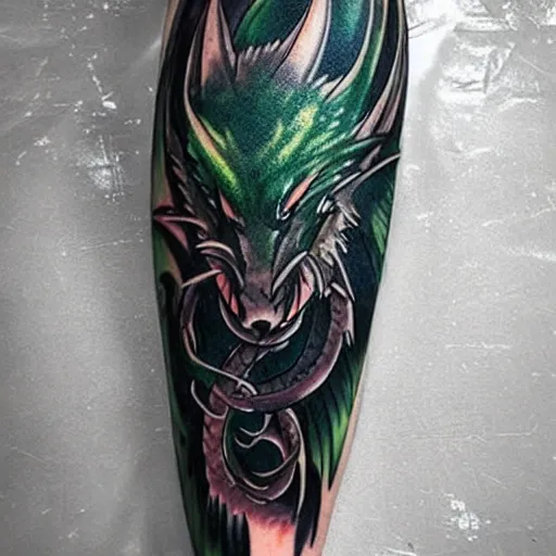 Image similar to simple anime manga full color dragon!! Emerald and obsidian dragon, forearm tattoo, tattoo