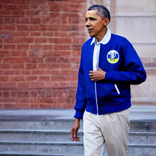 Image similar to realistic photo of casual barack obama wearing a royal blue varsity jacket with yellow sleeves