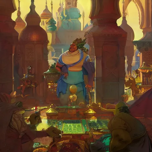 Image similar to moroccan shrek plays arcade game with vladimir putin, highly detailed, digital painting, artstation, concept art, smooth, sharp focus, illustration, art by artgerm and greg rutkowski and alphonse mucha