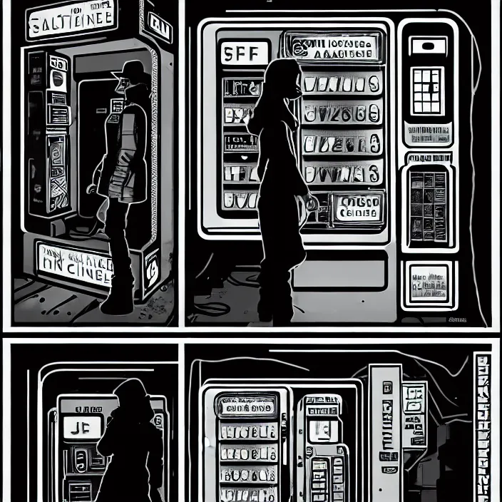 Prompt: sadie sink as a miner in a minimalist old - fashioned automated kiosk / vending machine with options to choose from. storyboard, scifi cyberpunk. by gabriel hardman, joe alves, chris bonura. cinematic atmosphere, detailed and intricate, perfect anatomy