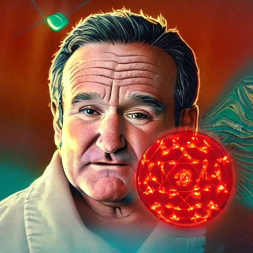 Prompt: robin williams begins the ritual, sacred symbols, red laser light contorting into sacred geometry, john candy rises out of the bbq sauce pool, desaturated, dappled gold light, holy image