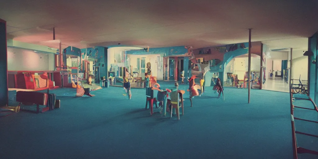 Image similar to a weird modern place, house, playground, office, pool, bar, pub, interior, room, hall way with eerie feeling, disposable colored film camera, camera flash, unusual place, unsettling, kids place, night scene