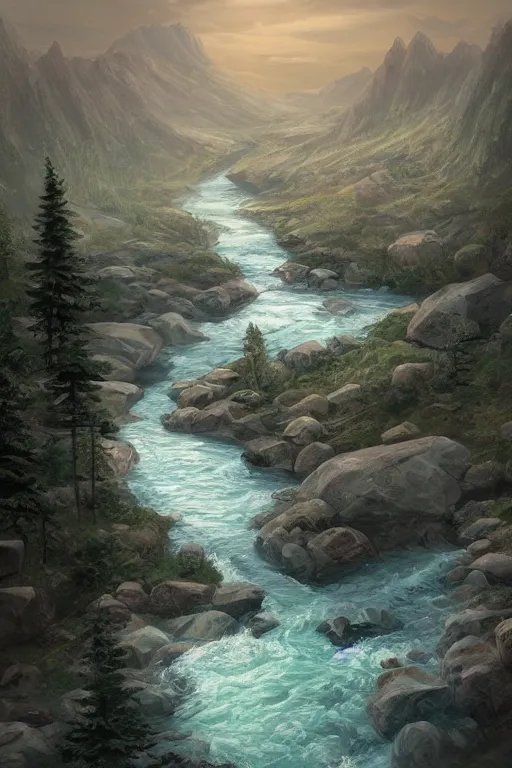 Prompt: mountaintop river flat illustration matte painting trending on artstation