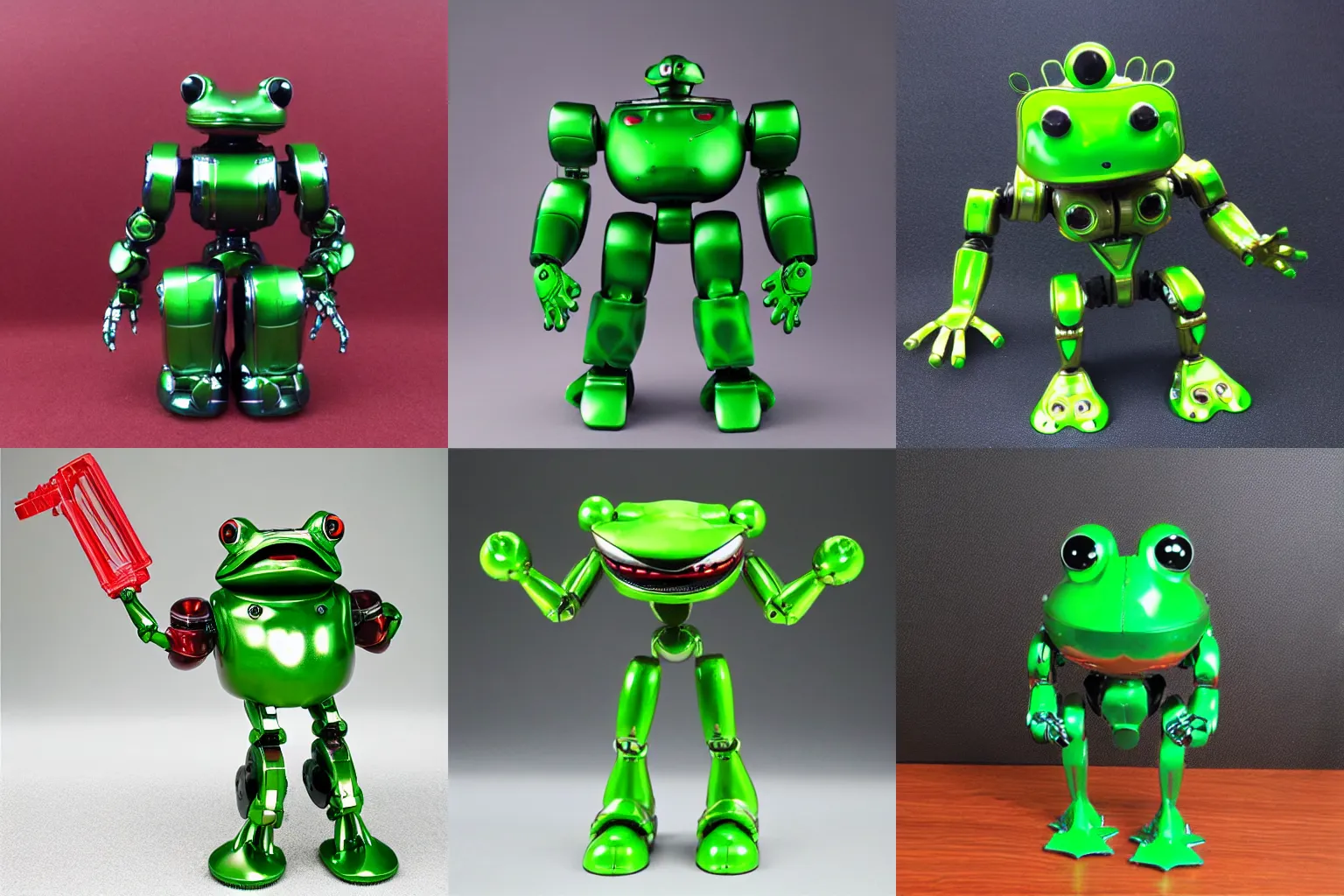 Prompt: green chogokin bipedal standing robot frog toy, die - cast metal, plastic, chrome, super robot