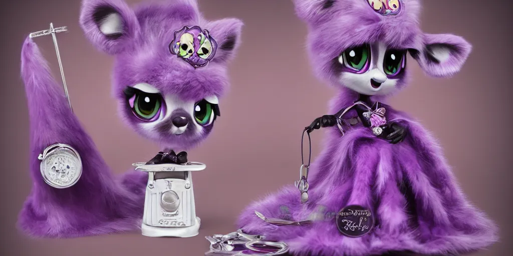 Image similar to 3 d purple littlest pet shop purple raccoon, vintage gothic gown, gumball machine, real fur, smiling, lace, master painter and art style of noel coypel, art of emile eisman - semenowsky, art of edouard bisson