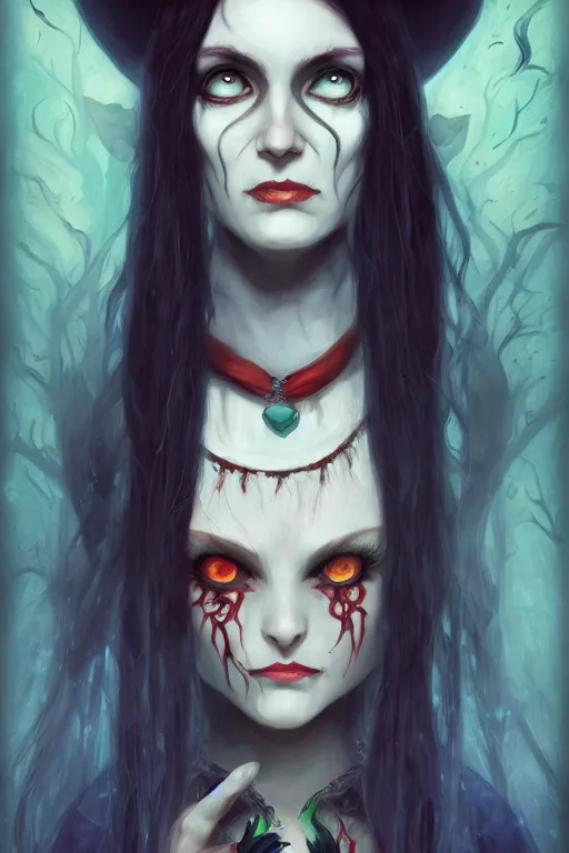 Image similar to portrait of a witch, american mcgee's alice, sharp focus, artstation, trending, by julie dillon, luis melo, tyler miles lockett, lei jin, hong lei, ken wong, adam narozanski, joy ang