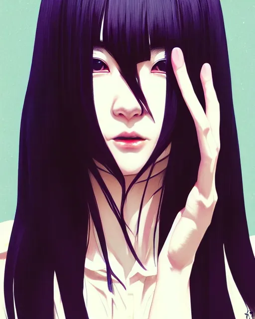 Image similar to a comic portrait of a japanese horror girl, fine - face, realistic shaded perfect face, fine details. night setting. very anime style. realistic shaded lighting poster by ilya kuvshinov katsuhiro, magali villeneuve, artgerm, jeremy lipkin and michael garmash, rob rey and kentaro miura style, trending on art station