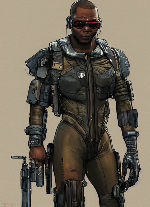 Image similar to chidi igwe. cyberpunk mercenary in tactical harness and jumpsuit. dystopian. portrait by stonehouse and mœbius and will eisner and gil elvgren and pixar. realistic proportions. cyberpunk 2 0 7 7, apex, blade runner 2 0 4 9 concept art. cel shading. attractive face. thick lines.