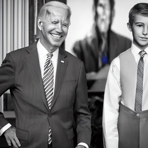 Image similar to A portrait photo of joe biden teams up with a teenage joe biden, perfect faces, 50 mm, award winning photography